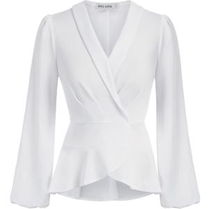 Cosonsen Women's Dress Deep V-Neck Long Sleeve Waist Tie Ruffle Mini Swing Skater Dresses, Medium, White