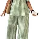 SOLY HUX Women's  2 Piece Outfit Plaid V Neck Shirt and Wide Leg Pants Vacation Set XL Plus