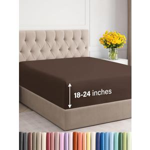 Extra Deep Cal King Fitted Sheet - Hotel Luxury Single Fitted Sheet Only - Easily Fits 18 inch to 24 inch Mattress - Ultra Soft, Wrinkle & Fade Free w/Extra Deep Pockets - Breathable & Comfy - Brown