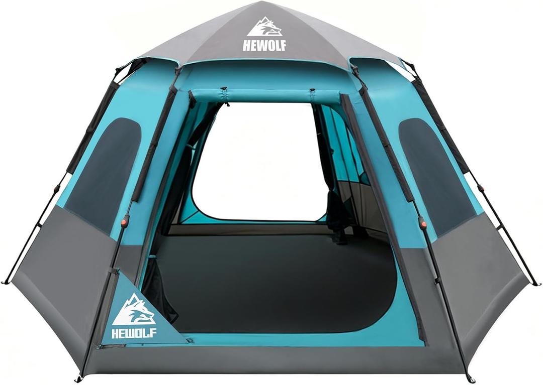 Hewolf 6 Person Camping Tent - Instant Pop Up Waterproof 2 Doors Tent with Easy Setup | 3-Season Hexagonal Dome Design for Family, Hiking & Traveling