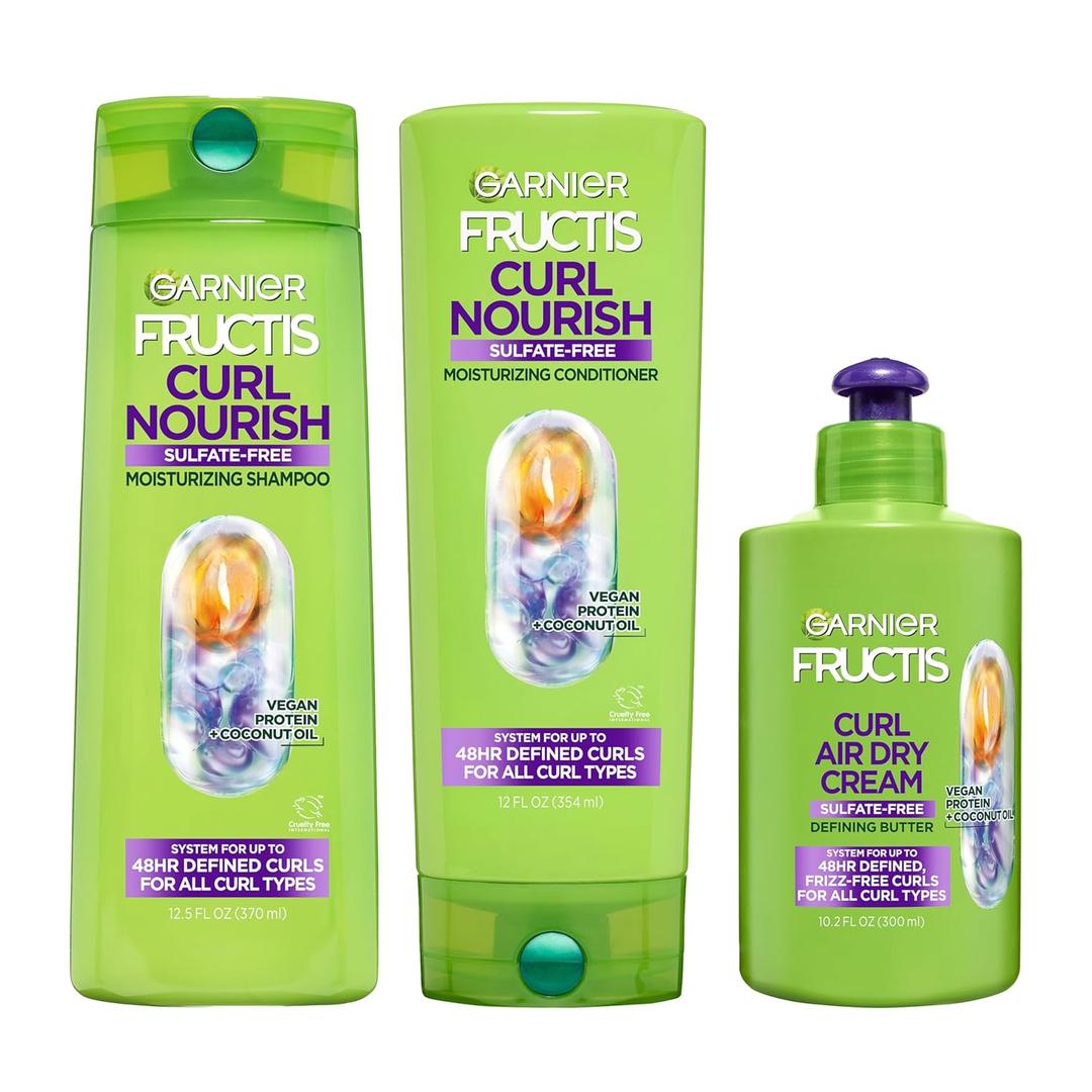 Garnier Fructis Curl Nourish Sulfate Free Moisturizing Shampoo, Conditioner + Air Dry Cream Defining Butter Set (3 Items), 1 Kit (3 Count (8 Fl Oz Total))