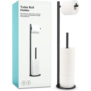Toilet Paper Holder Stand, Bathroom Toilet Paper Roll Holder Stand with Reserve, Standing Toilet Paper Holder with Storage (Black)