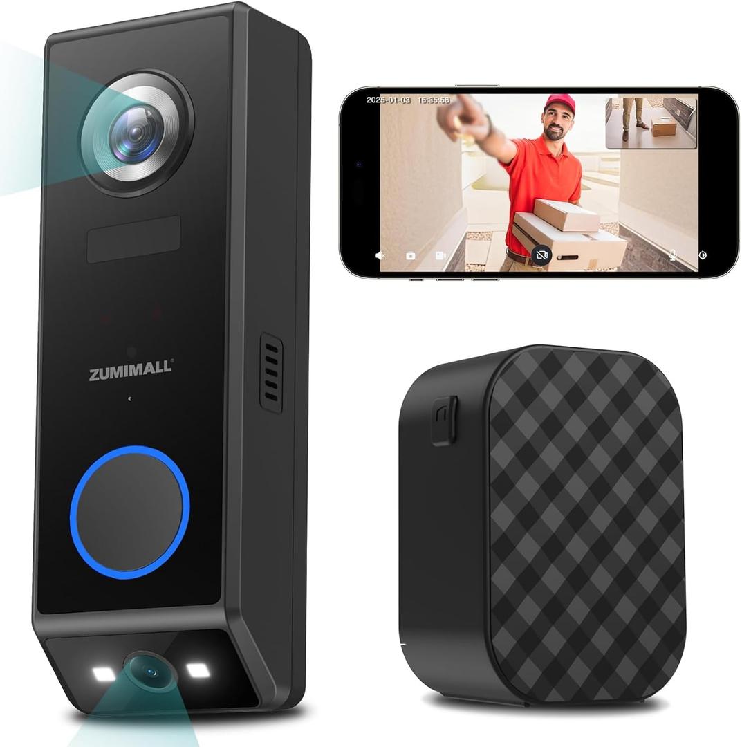 ZUMIMALL Dual Lens Doorbell Camera with Chime, 2K HD Video Doorbell Wireless Battery Solar Powered, No Monthly Fees, Wireless/Wired Installation, 2-Way Talk/IP65/Cloud/Alexa/PIR/AI/2.4G WiFi