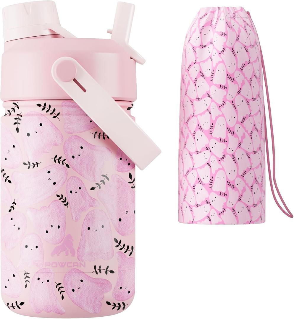 12 oz Kids Insulated Water Bottle: 2-in-1 Straw Spout Lid, Leakproof, BPA-Free, Keep Cold 24H, Fits Car Cupholder, Stainless Steel Cup for Party, School, Holiday, Gift for Girls Daughters (Cotton Boo)