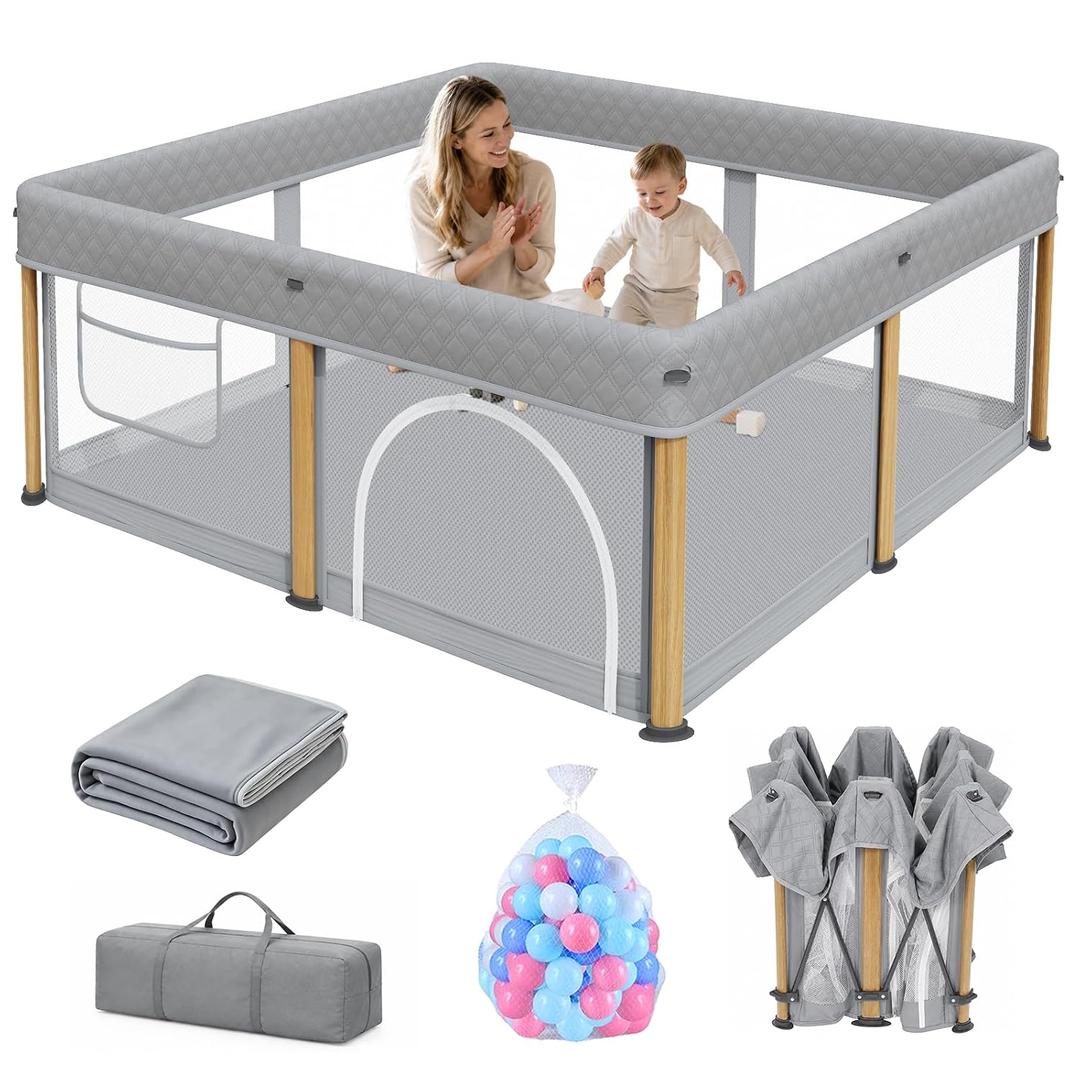 TOREVSIOR Baby Playpen, 50 x 50 inches, Portable Play Yard with Carry Bag Foldable Design, Gray