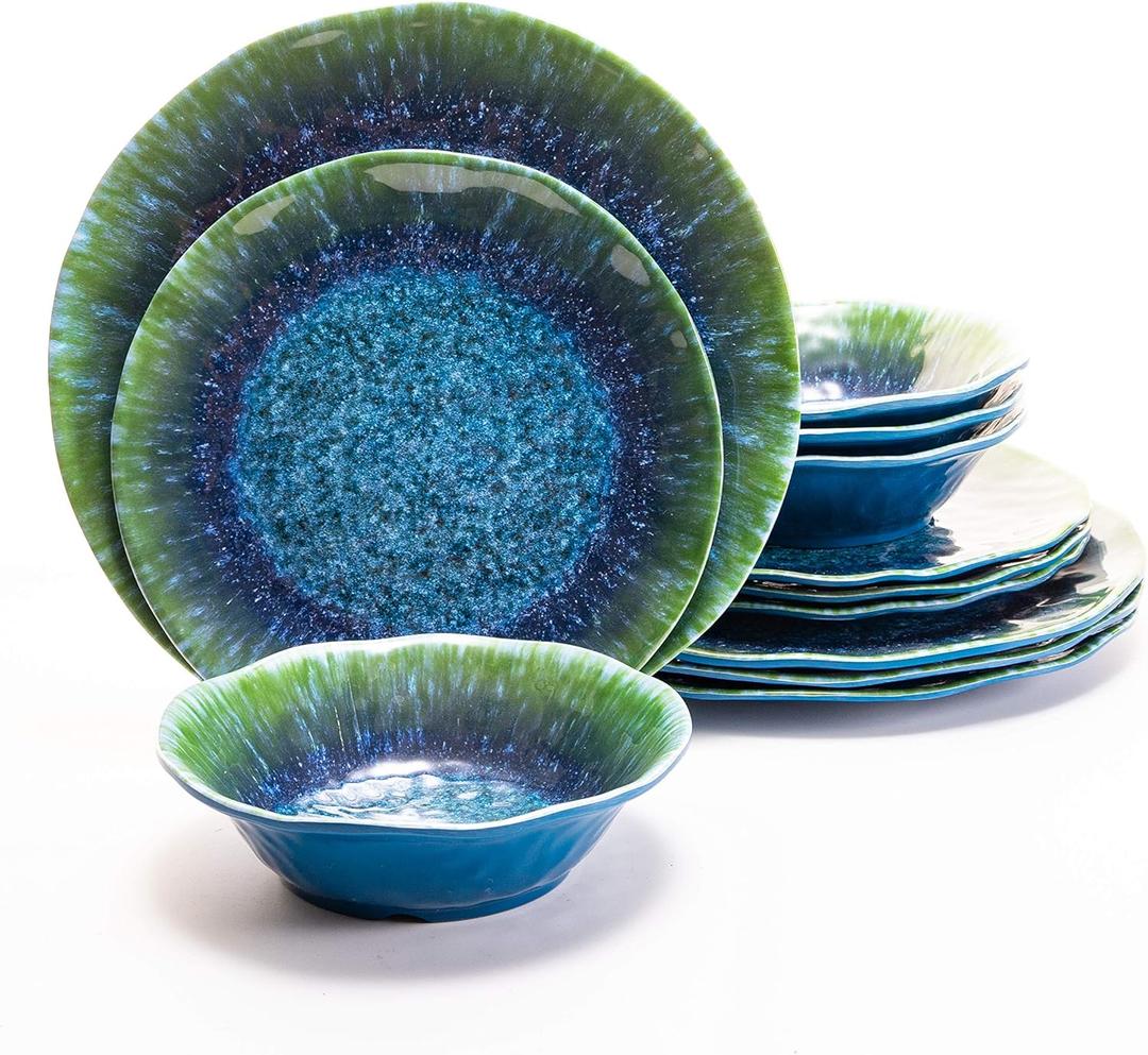 Melamine Dinnerware Set 12 PCS Teal Turquoise Tableware Plates Bowls Blue Green Dishwasher Safe Not Microware Not Oven