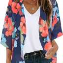 Women's Floral Print Puff Sleeve Kimono Cardigan Loose Cover Up Casual Blouse Tops (Large, Oil Ink Blue)
