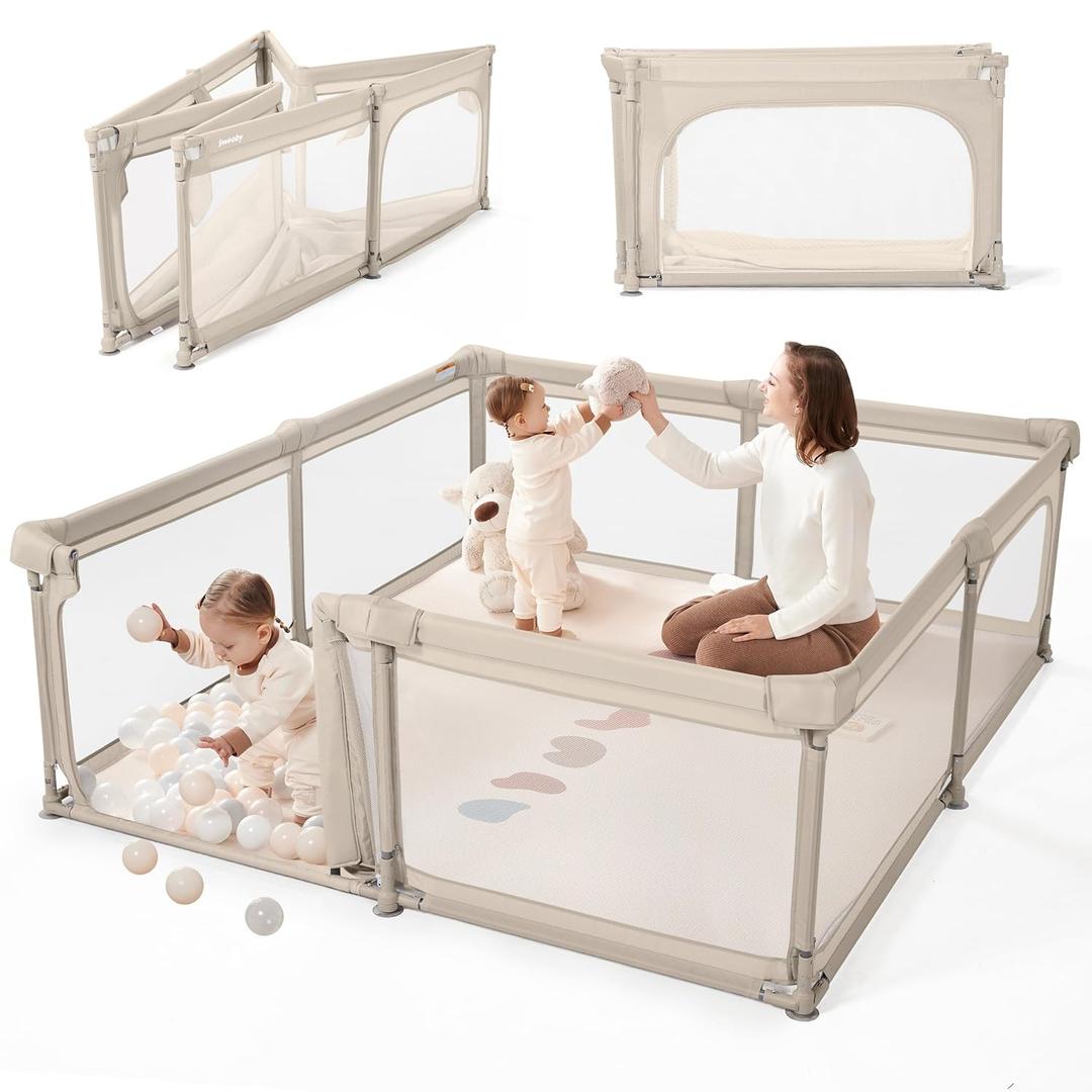 Sweeby Baby Playpen, 79x71 Inch Foldable Playpens for Babies and Toddlers with Gate, Extra Large Playpen with Door Play Yard for Baby Fence Indoor and Outdoor Portable Play Pen, Beige