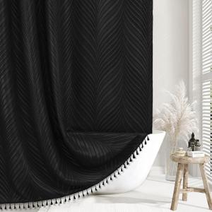 Extra Long Black Boho Shower Curtain Woven Fabric Cute 84 Inch Shower Curtain, 72 x 84 Tufted Leaves Textured Striped Modern Farmhouse Minimalist Cloth Shower Curtain for Bathroom