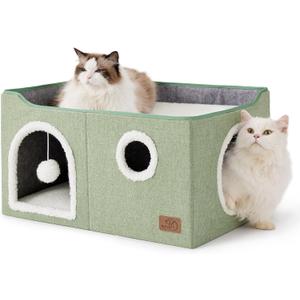 Bedsure Large Cat Beds for Indoor Cats - Extra Wide Cat Cube House for Small Pet with Fluffy Ball Hanging and Scratch Pad, Foldable Pet Cave Hideaway for Multiple Cats, 23.6x16.9x13 inches, Green