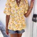 Womens Puff Sleeve Floral Babydoll Tops Lapel Collar V Neck Ruffle Peplum Blouse Smocked Tunic Top Dressy Tee Shirts (Yellow, M)