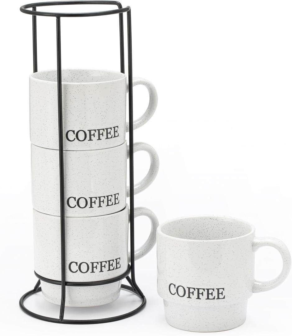 Signature Housewares Stackable Coffee Mug Tower Set with Metal Wire Rack - 15 Ounce Coffee Mugs for Coffee, Tea, Cocoa, Milk, Cappuccino, Hot Chocolate Set of 4 - White Coffee