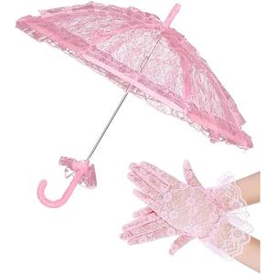 Solnique Mini White/Pink Lace Parasol with Floral Gloves, Vintage Lace Umbrella for Wedding Decor, Tea Party & Photography Props