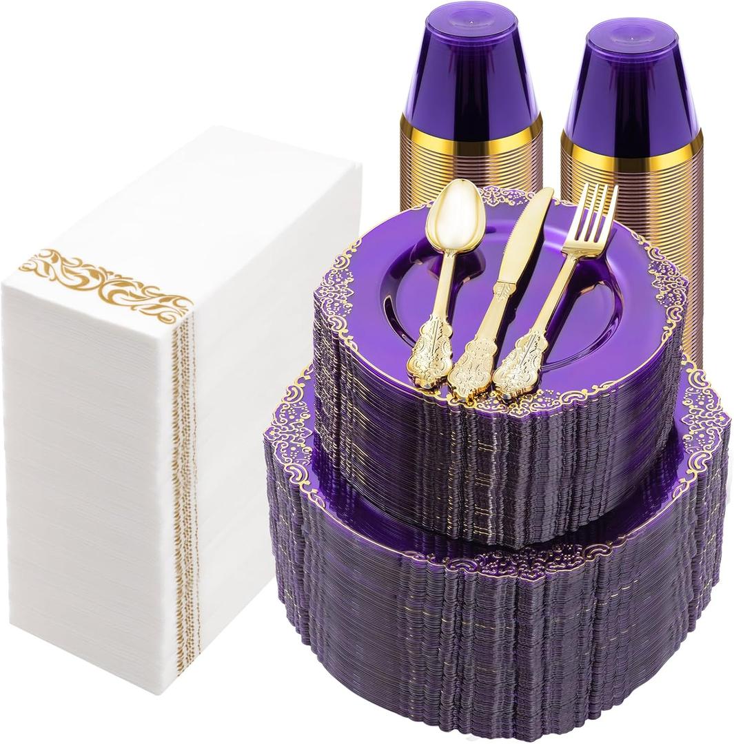 700PCS Clear Purple Plastic Plates for 100 Guests, Disposable Plate with Gold Trim include 100 Dinner plates, 100 Dessert Plates, 100 Gold Silverware, Cups and Napkins for Party, Graduation
