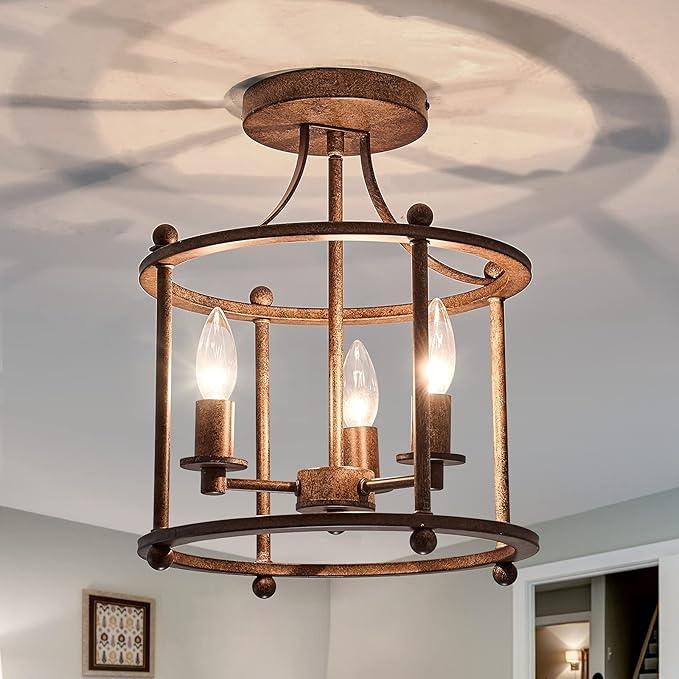 UOFUS 3Light Farmhouse Vintage Semi Flush Mount Ceiling Light Fixtures in Rustic Bronze Metal Chandelier for Island Living Room Bedroom Kitchen Foyer Laundry Room Entryway Hallway
