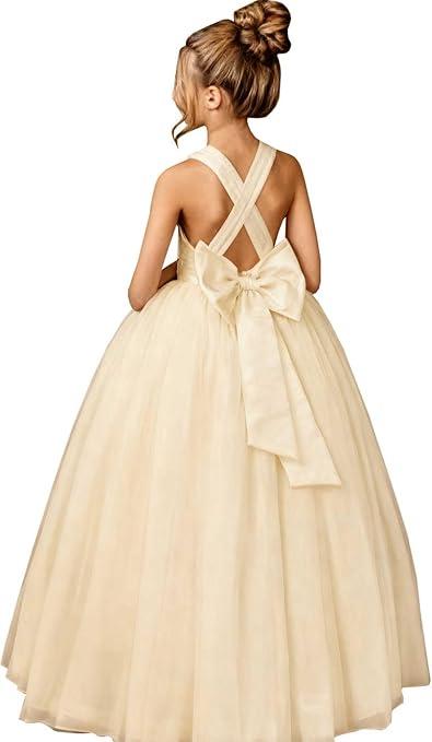 Girls Ball Gown Satin Bodice Tulle Princess Pageant Flower Girl Dress Cross Strap Junior Bridesmaid Dresses with Bow Size 6