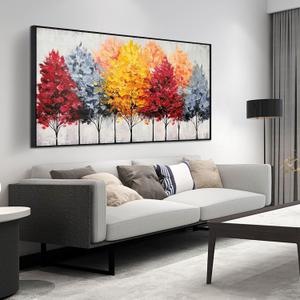Tree Wall Art for Living Room, Gold Red and Gray Forest Wall-Decor for Bedroom, Large Size 59x29 Inches Hand-Painted Framed (59L" x 29W")