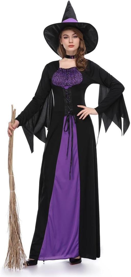Women's Witch Fancy Dress Halloween Costume with Witch Hat for Adult Cosplay (X-Large, Purple)