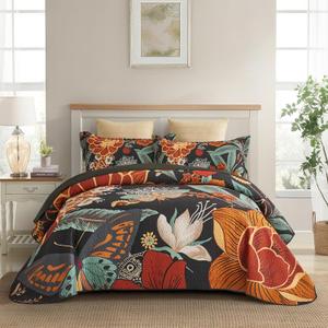 3 Piece Black Boho Floral Full/Queen Quilt Sets Reversible Farmhouse Botanical Lightweight Bedspread Coverlet with 2 Shams Butterfly Microfiber Bedding Quilts Set for All Season, 90''x96''