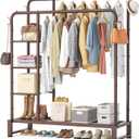 Double Rods Clothes Rack Clothing Rack with 4 Tier Storage Shelves Clothes Rack for Hanging Clothes Multifunctional Heavy Duty Clothes Organizer with Hooks for Bedroom,Wardrobe Closet,Shop,Brown, 15.7"D x 45.3"W x 63"H