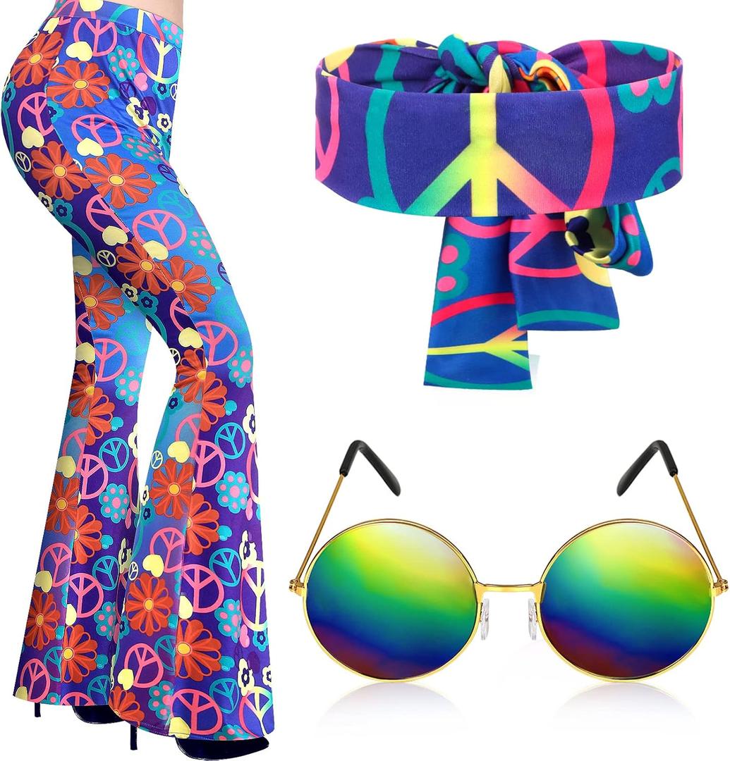 Tisancy 3 Pcs 60s 70s Outfit for Women Hippie Costume Set Disco Flared Pants Groovy Outfit Party Accessories