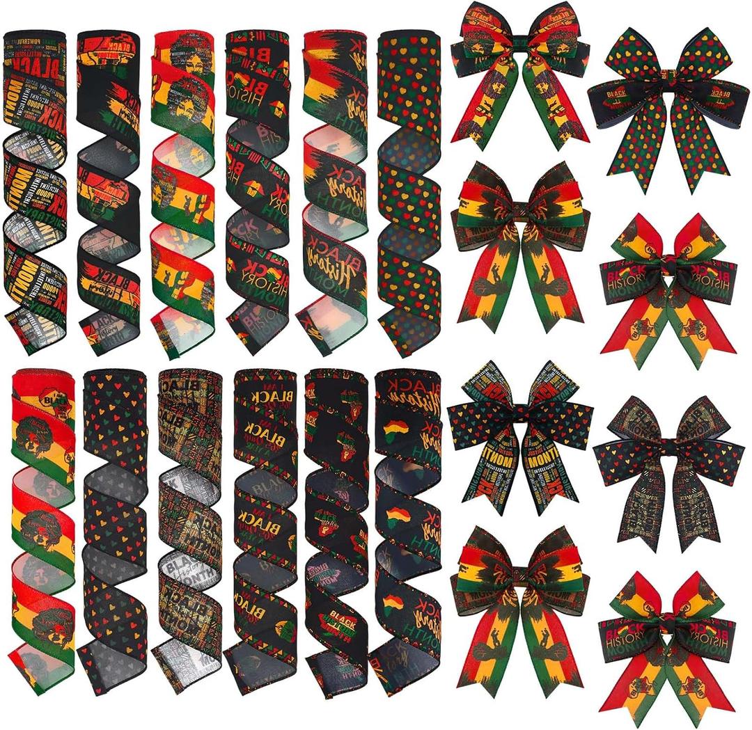 12 Rolls Black History Month Ribbons 2 Inch x 60 Yards Wired Edge Fabric Ribbons Craft Assortment Black History Month Themed Pattern Wrapping Crafts for DIY Gift Hair Sewing Wreath 12 Styles