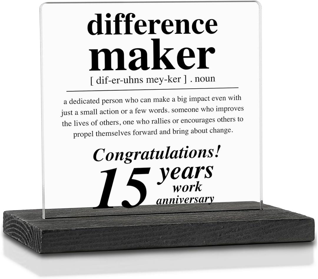 15th Work Anniversary Decor Gifts for Women Men, Difference Maker Definition Appreciation 15Year Work Anniversary Plaque Gifts for Employee, Happy 15th Work Anniversary Decorative SignsVAK370
