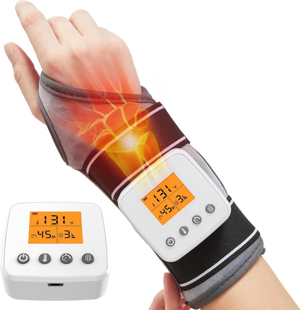Cordless Wrist Massager with Heat, 3000mAh Wrist Heating Pad with Massage for Carpal Tunnel Pain Relief, USB Rechargeable Heated Wrist Brace Wrap for Wrist & Arm, 3 Vibration Modes Wrist Warmer (One Size, Black/Gray)