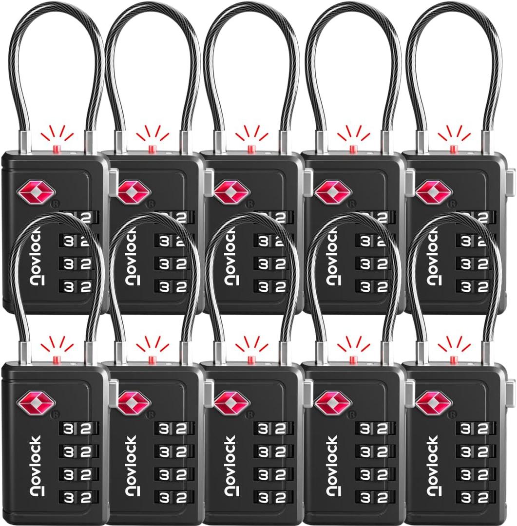 Luggage Locks TSA Approved with Inspection Indicator and Resettable 4-Digit, Easy-to-Read Combination, TSA Locks for Luggage, Suitcases, Backpacks & Travel Bags, Black, 10-Pack
