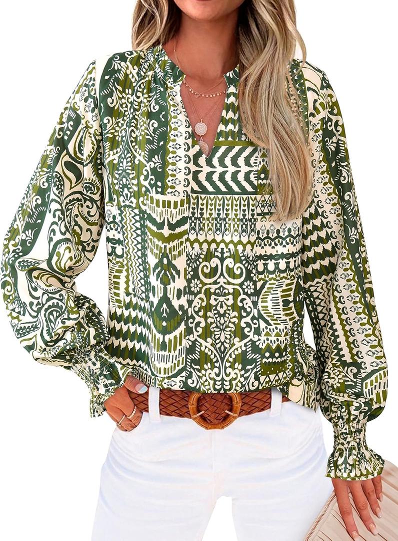 MASCOMODA Womens V Neck Floral Long Sleeve Tops 2025 Summer Casual Loose Puff Sleeve Chiffon Boho Work Blouse Dressy T Shirts (Small, Floral Grass Green)