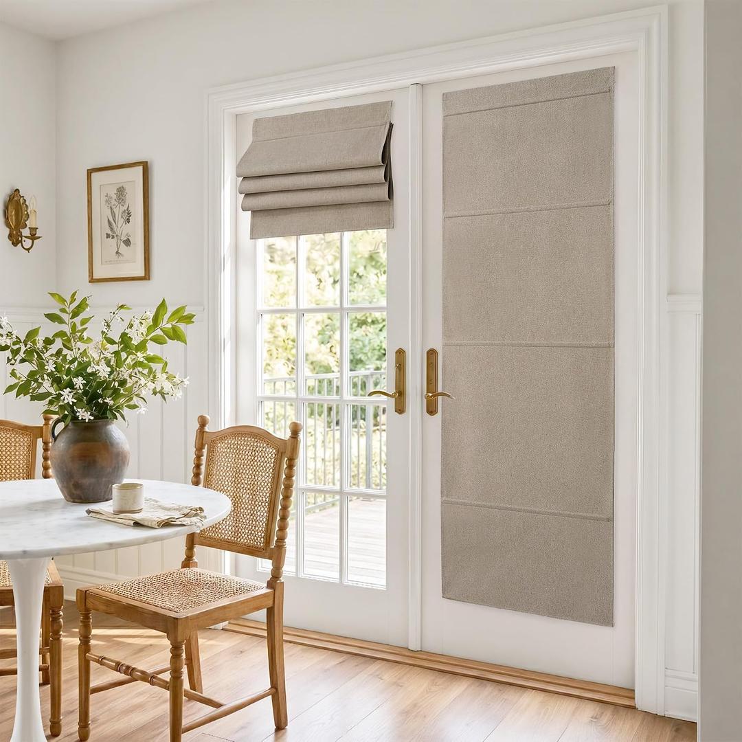 NICETOWN Linen 100% Blackout Door Curtain, 26" W x 72" L, No Drill Cordless Roman Shade for French Front Door Thermal Insulated, Adhesive Top Magnetic Blinds for Indoor Windows Privacy, 1 PC, Beige