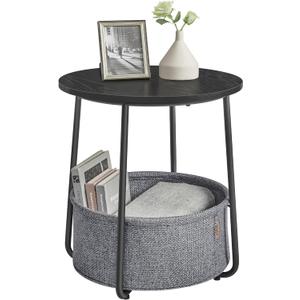 VASAGLE LILEA Collection - Small Round Side End Table, Modern Nightstand with Fabric Basket, Ebony Black and Slate Gray ULET223B01