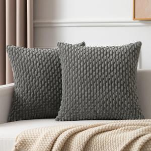 Kevin Textile 2 Packs Dark Grey Decorative Throw Pillow Covers 26x26 Inch for Living Room Couch Bed Sofa Rustic Farmhouse Boho Home Decor Soft Striped Corduroy Square Cushion Case 66x66 cm