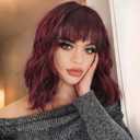 Red Wig with Bangs for Women 14 Inch Shoulder Length Short Bob Wavy Curly Wig Burgundy Wig Heat Resistant Synthetic Wigs