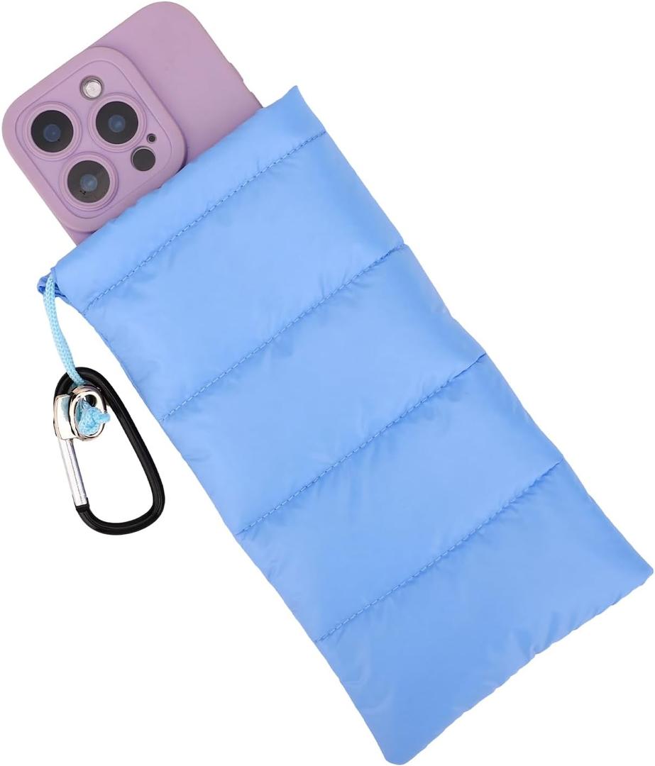 Down Cotton Buckle Warm Phone Case, Protects from Freezing and Overheating, Perfect for Outdoor Camping (Light Blue)