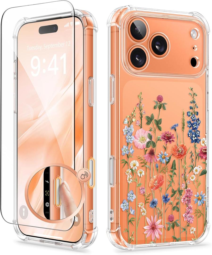GVIEWIN for iPhone 17 Pro Max Case with Screen Protector, Upgraded [Full Camera Protection] [Non Yellowing] Floral Slim Shockproof Clear Women Phone Cover for iPhone 17 Pro Max 6.9" (Wild Petals)