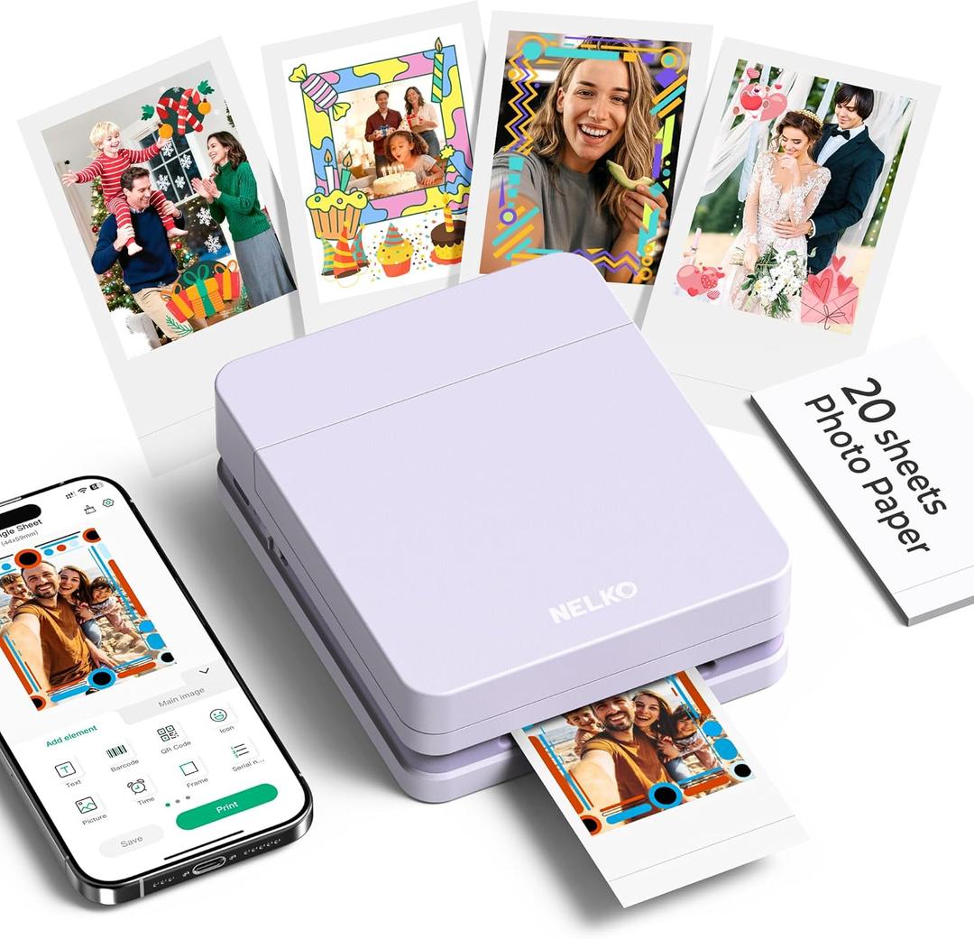 Nelko Photo Printer, PP01 Color Mini Portable Printer, Instant Smartphone Inkjet Printer, Sticky-Back Rechargeable Portable Picture Printer for iOS & Android, Smart AI APP, For Valentine's Day, Purple
