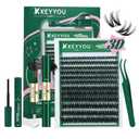 KEYYOU Flaunt Lash Clusters Kit 3D Spider DIY Lashes Extension Kit Thick Eyelash Clusters 144pcs Individual Lashes Fluffy Wispy Volume Lashes with Waterproof Lash Bond and Seal & Remover (F01)