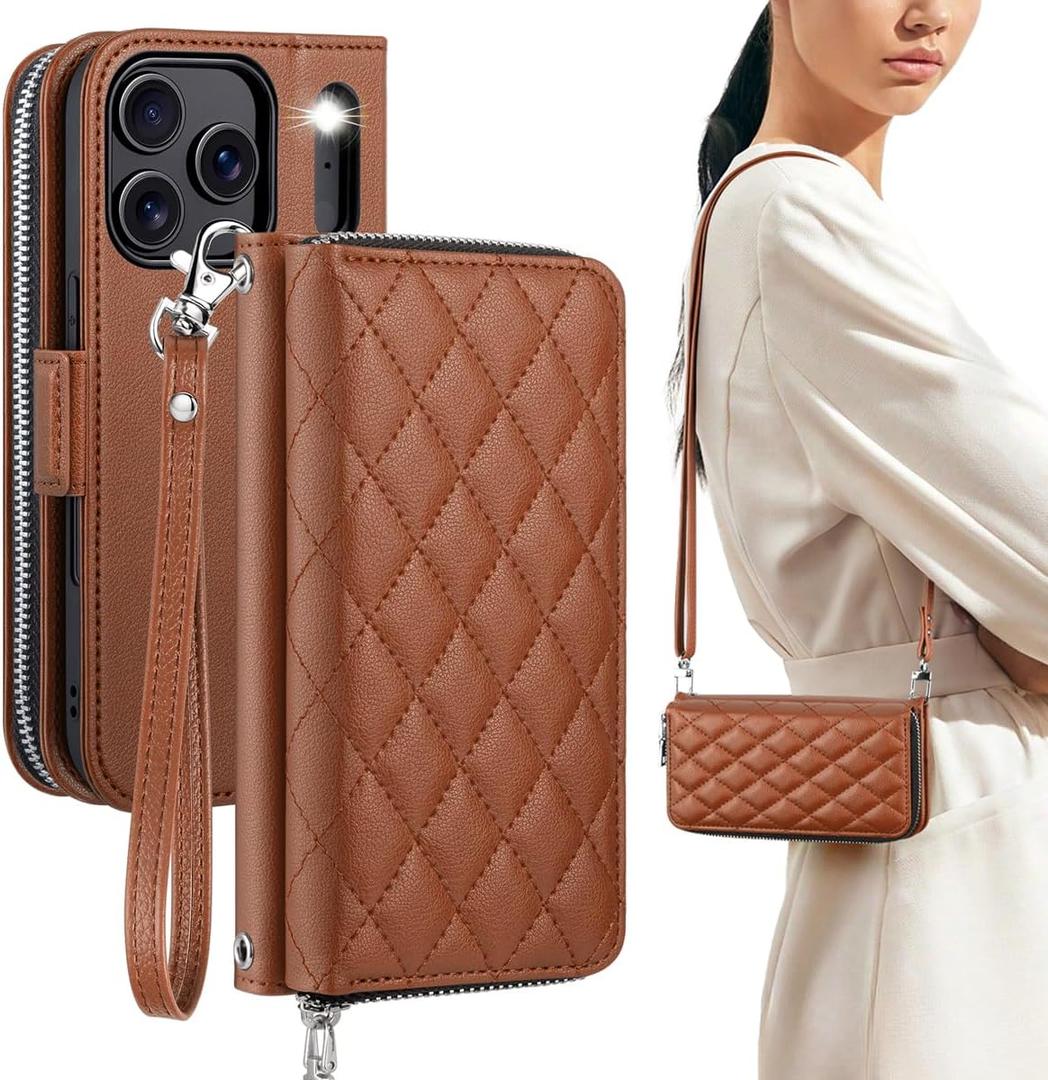 OCASE for iPhone 17 Pro Crossbody Wallet Case - Stylish PU Leather Handbag Phone Purse with Zipper Closure, Card Slots & RFID Blocking - Wrist Strap, Lanyard, Kickstand - Diamond Check Brown