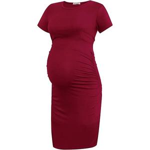 Smallshow Women's Short Sleeve Maternity Dress Ruched Pregnancy Clothes Size S, Red