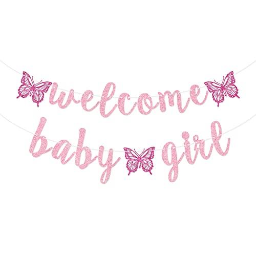 Welcome Baby Girl Banner, Butterfly BabyGirl Banner, Girl Baby Shower Decorations (Pink)