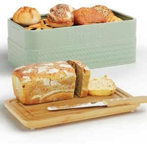 Bread Box for Kitchen Countertop,Metal Bread Storage Bin with Bamboo Cutting Board Lid, Includes Bread Knife, Fits Sourdough & Buns, Stylish Organize (Green)
