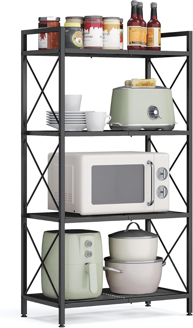 SONGMICS 4-Tier Metal Storage Rack, Shelving Unit with X Side Frames, Dense Mesh, 12.6 x 23.6 x 44.3 Inches, for Entryway, Kitchen, Living Room, Bathroom, Industrial Style, Ink Black UBSC164B01