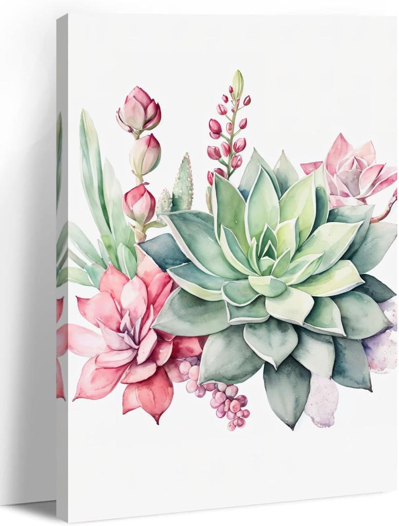 LYUNSHUO Succulent Wall Art Botany Canvas Print Bathroom Decor Green Pink Flower Plant Picture Floral Artwork for Living Room Bedroom Office Home Decor Frame Ready to Hang(Flower-8, 16.00"x24.00")