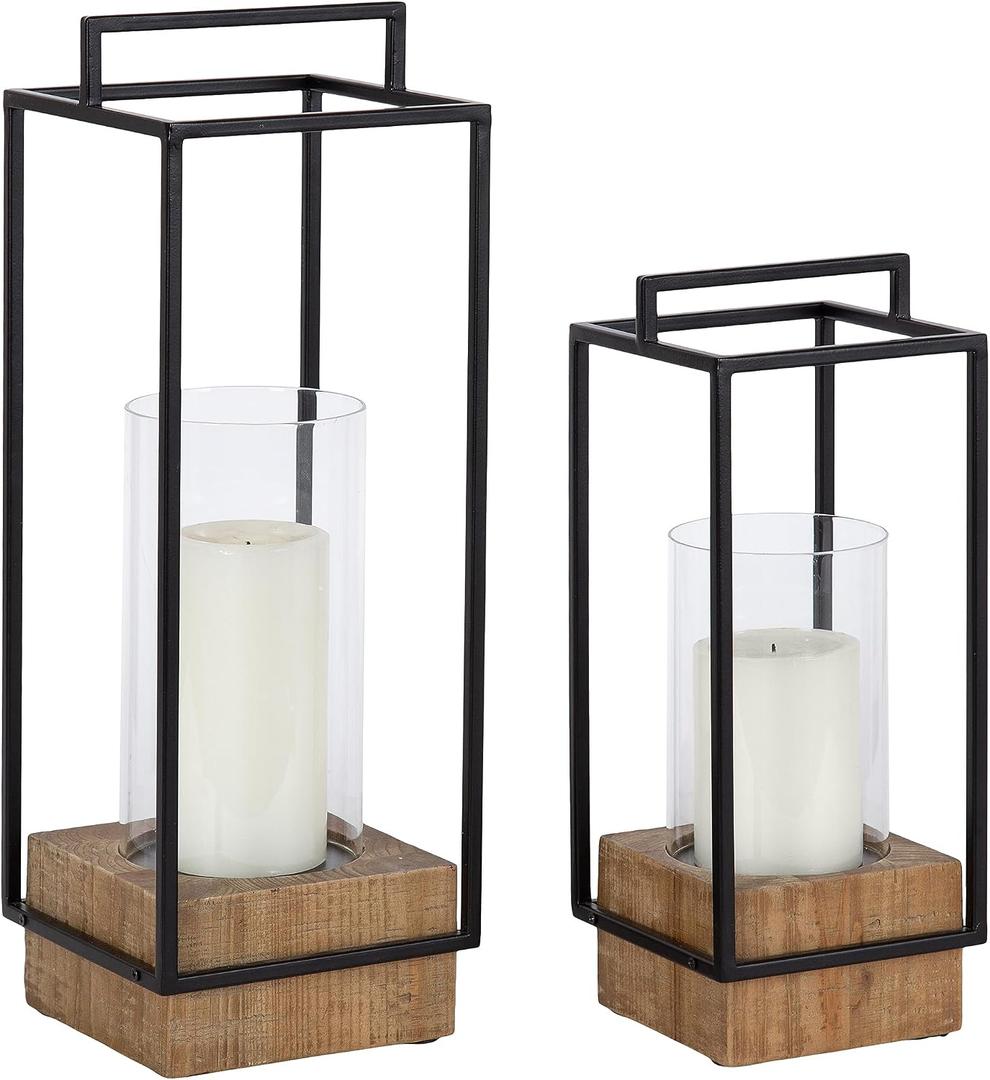 Kate and Laurel Brandt Farmhouse Two-Piece Candle Holder Set; 7 x 7 x 19; Hazelnut and Black; Transitional Wood and Metal Lantern Candle Holders for Fireplace Mantel Display