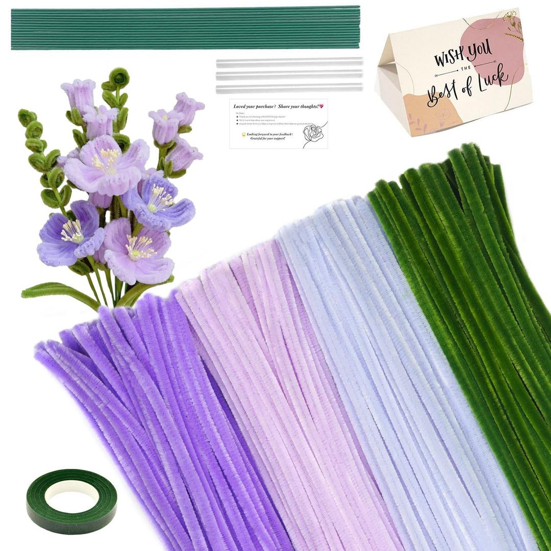 216PCS Taro Purple and Green Pipe Cleaners Craft Supplies Pipe Cleaners Bouquet Supplies Blossom Tulips Lily Chenille Stems Bulk DIY Flower Bouquet Kit for Wedding Gift, Holiday Decoration