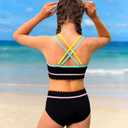 Girls Bathing Suit Color-Block Adjustable Criss Cross Strap Sporty Swimsuits for 9-16 Years Bikini Set with Chest Pad
