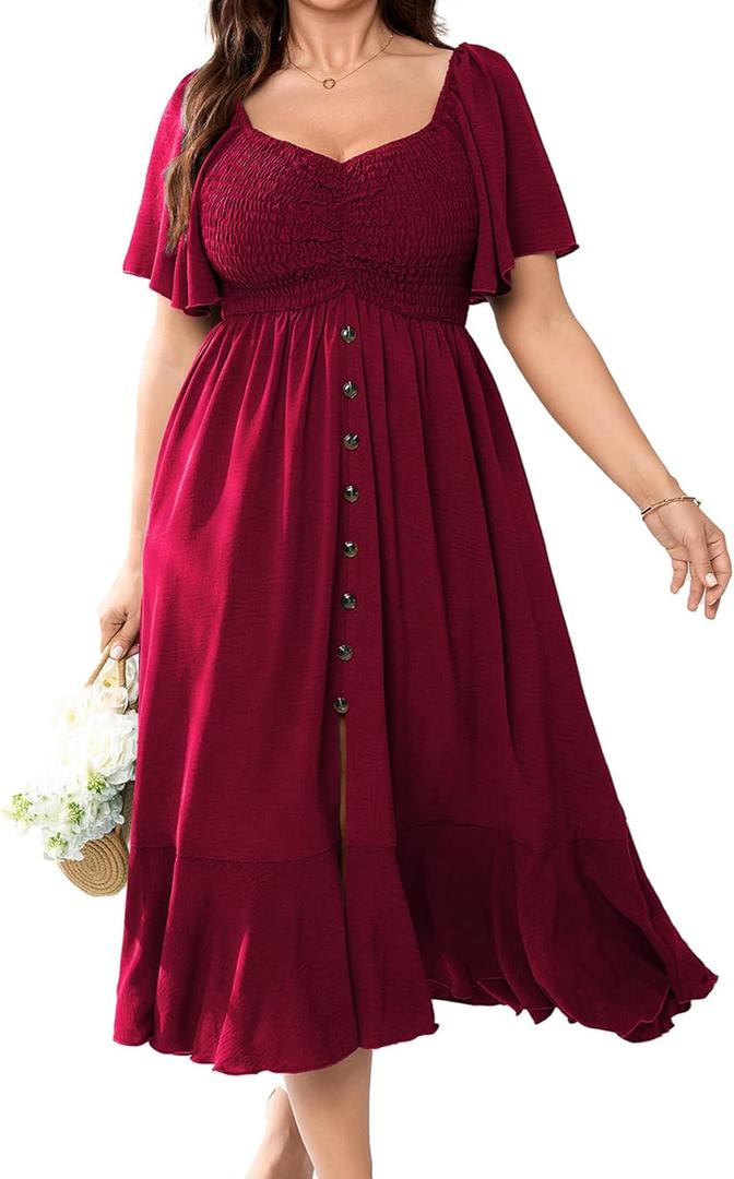 CICIDUDU Plus Size Casual Maxi Dresses for Curvy Women Short Sleeve Empire Waist Smocked Wedding Guest Dress Button Down (Green, XXL)
