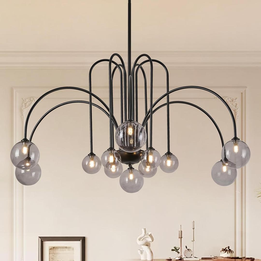 Modern Black Chandeliers Mid Century 12 Lights Sputnik Chandelier Large L52 Smoke Glass Globe Pendant Light Fixture for High Ceiling Foyer Staircase Living Dining Room
