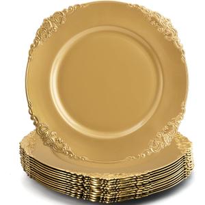 Okllen 12 Pack Gold Charger Plates, 13" Round Charger Plates with Embossed Rim, Decorative Dinner Charger Serving Plates for Catering, Wedding, Tabletop Decor